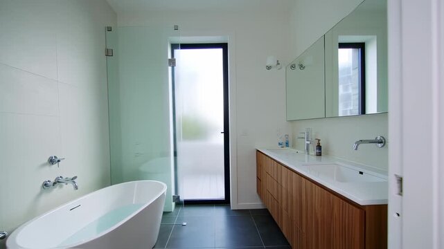 Modern Luxury Bathroom Interior with Freestanding Bathtub, Double Vanity Sinks, and Walk-in Shower