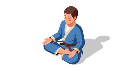 Young boy practicing meditation in martial arts gi for mindfulness and relaxation