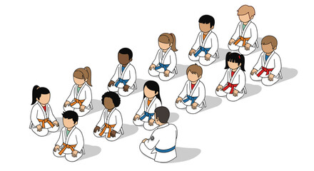 Karate class for kids with instructor in white uniform learning martial arts techniques