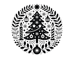 Christmas tree with ornaments and candles in circular frame