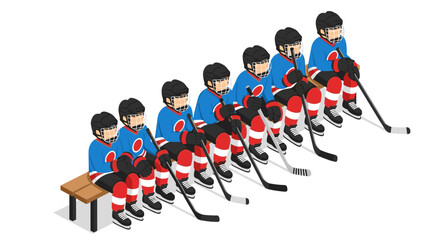Isometric illustration of hockey team players sitting on bench in blue and red uniforms for sports design