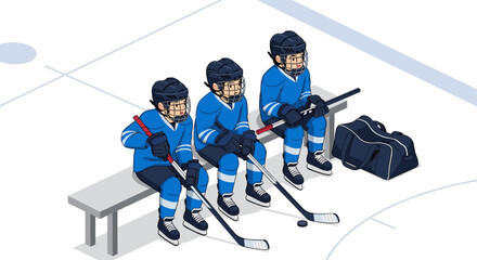 Ice hockey team players resting on bench with gear in blue uniforms