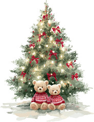 Charming watercolor Christmas scene featuring a festive tree and two adorable teddy bears - vector illustration