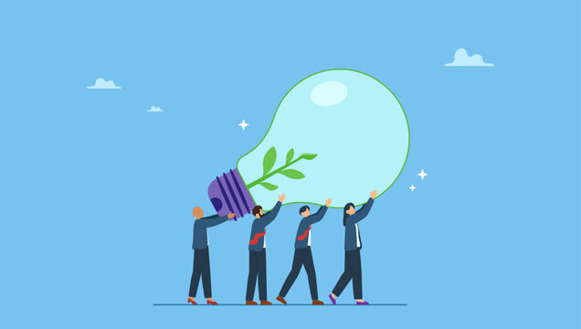 Business people employees carry ESG, sustainable lightbulb. Sustainability, ESG, eco environment friendly or clean energy solution, green renewable power, reuse or recycle ecosystem, green corporate.