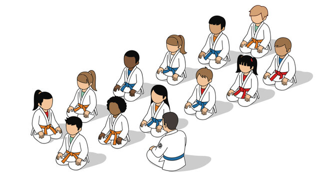 Karate class for kids with instructor in white uniform learning martial arts techniques
