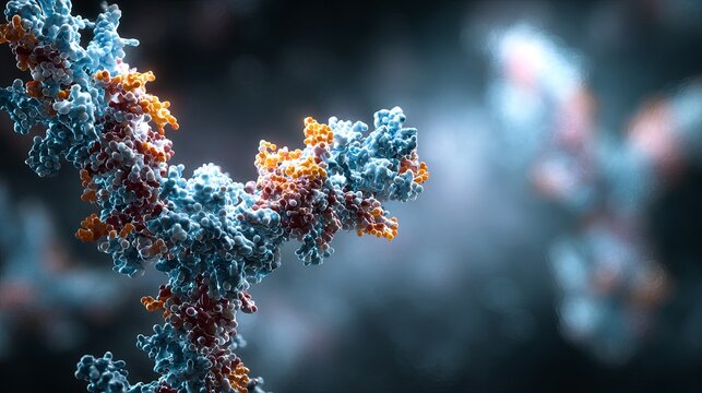 Intricate molecular structure with vibrant colors for science research presentations or medical breakthroughs, dynamic and visually stunning, detailed view