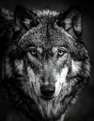 Fototapeta premium Artistic black and white close-up of a wolf, dramatic portrait with deep contrast, softened blacks, and emotional depth.