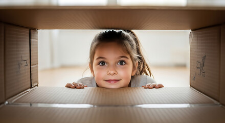 Curious young girl peeking into a cardboard box with excitement and wonder