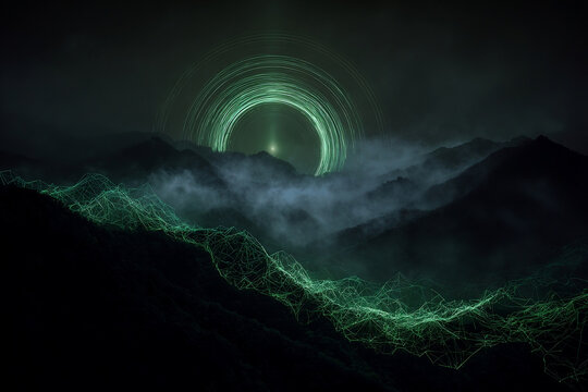 Dark Mountain Landscape With Green Concentric Ring Light Over Foggy Valleys