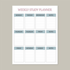 weekly study planner, study schedule, student planner, academic planner, weekly organizer, school planner, study template, productivity planner, homework tracker, learning schedule, minimal planner