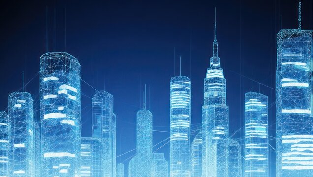 Futuristic Cityscape with Glowing Outlines and Blue Hues.