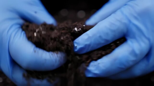 Hands in Blue Gloves Sifting Dark Soil or Organic Compost Material
