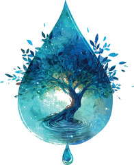 Symbolic watercolor painting showing a waterdrop containing a flourishing tree of life with vibrant natural energy - vector illustration