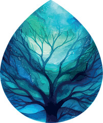 Meaningful watercolor artwork illustrating a waterdrop encasing a vivid tree of life embodying growth and harmony - vector illustration
