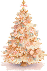 Beautiful pastel watercolor rendering of a soft elegant Christmas tree decorated with gentle festive details - vector illustration