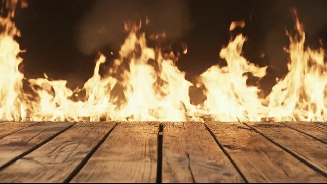 A rustic wooden platform is positioned before a roaring fire against a dark backdrop
