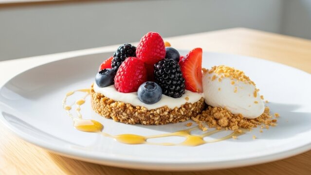 Exquisite berry topped dessert on a plate, showcasing a symphony of textures and vibrant colors in