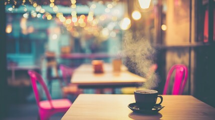 shallow. Cozy cafe interior with warm lighting and steam from coffee. bar promotions, beverage menus, designed for food & beverage menus and cafe branding, used by logistics managers.shallow. Cozy caf