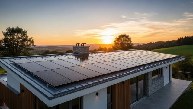 Modern home with solar panels at sunset, embracing sustainable living in idyllic countryside