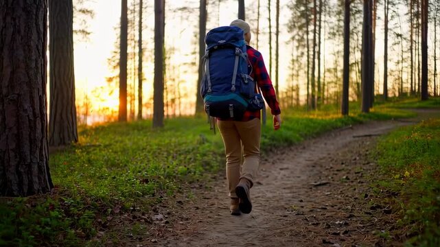 Hiker with large backpack walking on a dirt path through a sunlit pine forest at sunset
