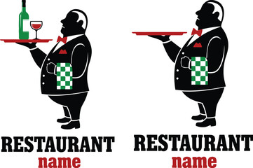 Waiter logo design for restaurant branding with wine and checkered towel