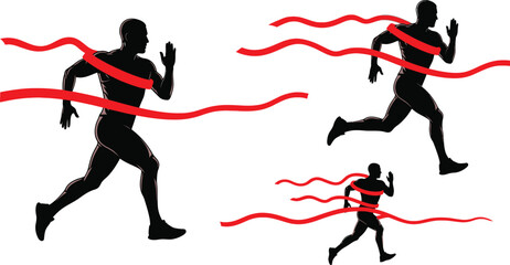 Runner silhouette crossing the finish line with red ribbon in a race event