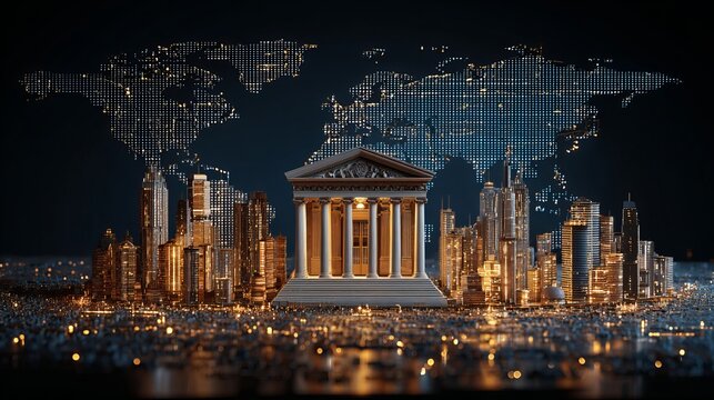 Dynamic global finance concept with glowing skyscrapers and classical architecture, conveying trust and global connectivity for business and investment ventures