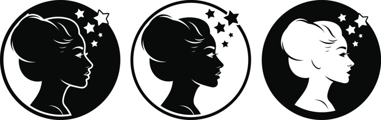 Elegant woman silhouette with stars in a circular frame vector design