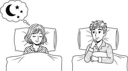 Couple in beds one dreaming of night sky the other awake and thinking