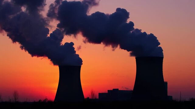 Silhouetted Power Plant Cooling Towers Emitting Plumes Against Dramatic Sunset Sky