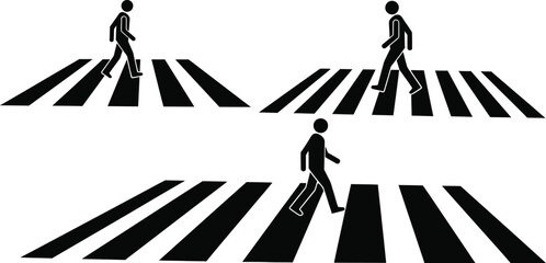 Pedestrians cross the street at zebra crossings in a simple black design