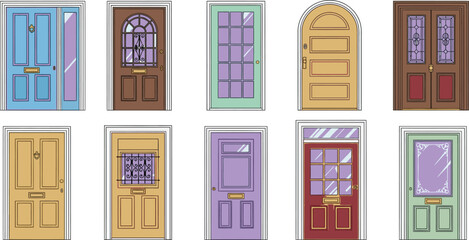 Collection of ten colorful front doors with unique designs and styles