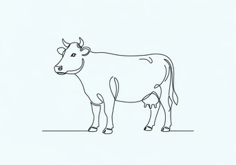 Elegant continuous line drawing of a domestic cow standing, illustrating its full body and udder, isolated on white background