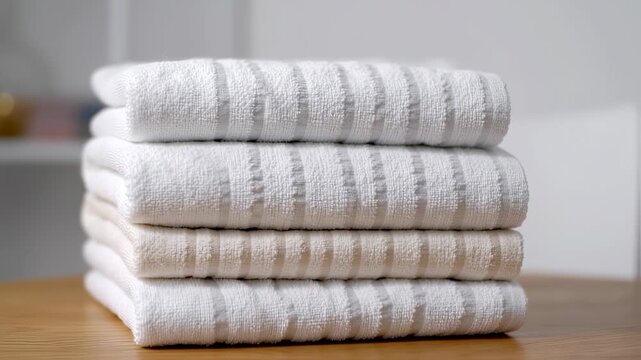 Stack of Neatly Folded White and Beige Striped Towels on Wooden Table