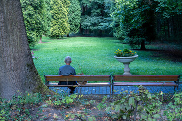 Lonely senior man sitting on park bench in green garden