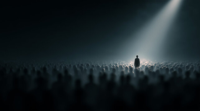 individual facing diverse audience, gray and black tones, abstract background, marketing concept, engagement, communication dynamics, suitable for promotional materials, social media campaigns, corpor