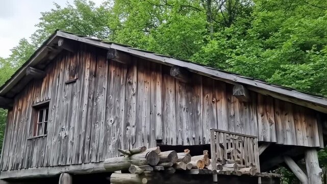 Rustic Weathered Wooden Building in a Lush Green Forest on a Cloudy Day