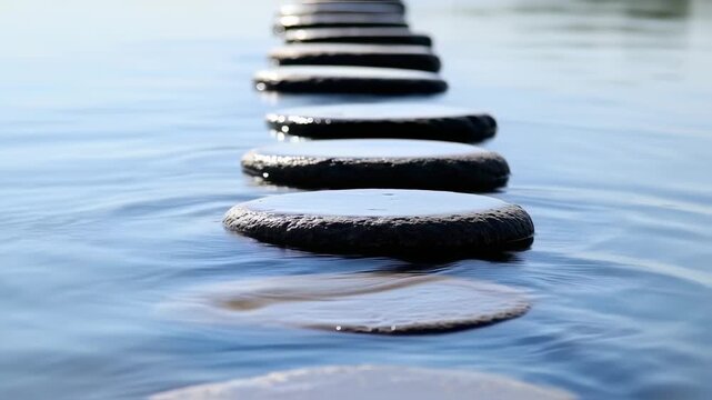 Stepping Stones Pathway Across Calm Blue Water Leading Forward