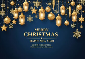 Elegant christmas and new year greeting card with golden festive ornaments, lanterns, stars, and snowflakes on a dark blue background