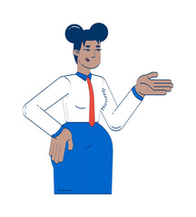 Black female office worker explaining gesture 2D doodle character. African american corporate woman instructor cartoon person vector drawing isolated on white. Hand drawn illustration colorful