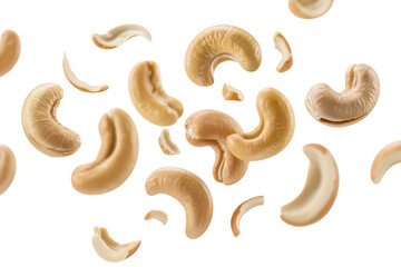 Delicious whole and broken cashew nuts in motion, healthy food