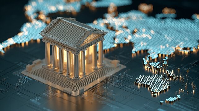 Elegant digital bank model on glowing world map represents global finance, blockchain, and investment strategies for modern business and economy