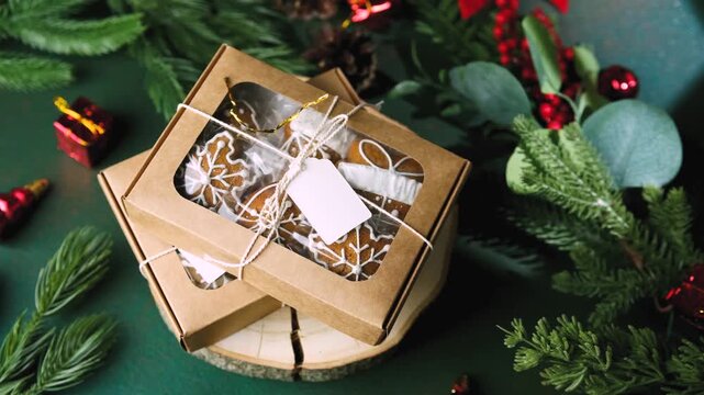 Gingerbread cookies in boxes surrounded by festive greenery and ornaments for winter holidays.