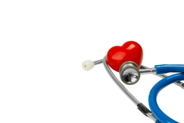 Stethoscope by a red heart shows medical care, isolated on white, PNG