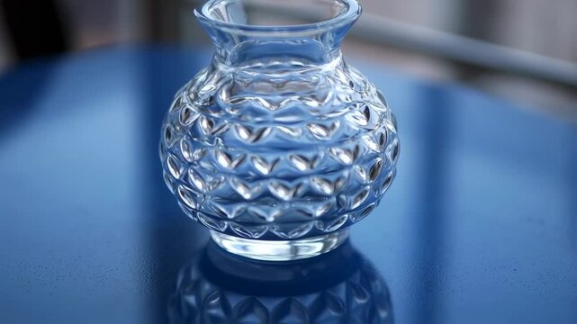 Clear Textured Glass Vase on Reflective Blue Surface, Empty Decorative Homeware Object