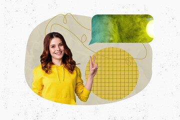 Art image trendy pop full zine photo collage of happy girl guy stand bubble communication chat notification dialogue talk