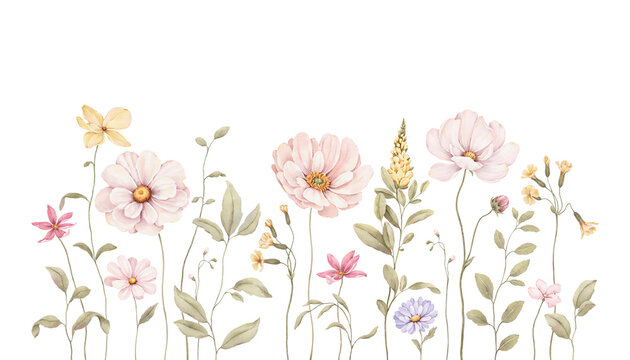 Watercolor cute floral border with delicate flowers and green plants. Isolated illustration for cute wallpapers, mural for childish room, invitation or greeting cards. Hand-drawn design elements.