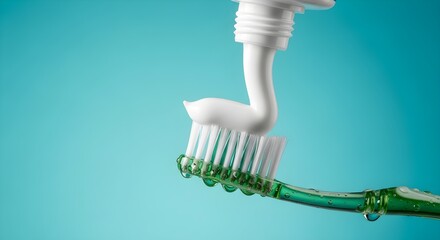Green toothbrush with toothpaste squeezed on against blue background for dental hygiene