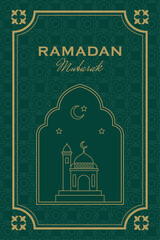 Elegant Ramadan Kareem banner with gold line mosque and lanterns on a green arabesque pattern background. Perfect for Islamic holiday greetings and festive design.