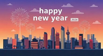 Obraz premium Happy new year 2026 celebration cityscape with fireworks and colorful sky